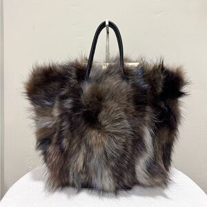 Genuine Fox Fur Handmade Large Tote/Metal Clip & Leather Handles Bag/Crossbody
